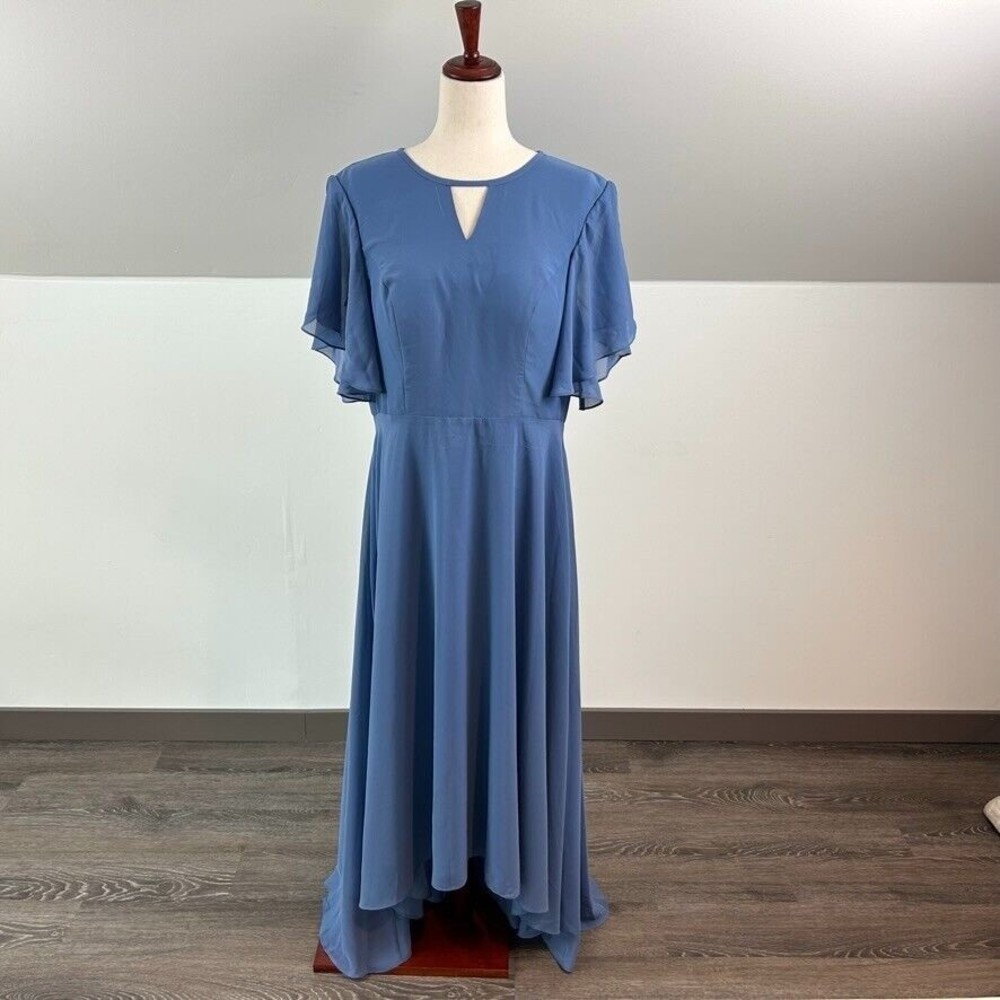 JJ's House A-Line Boat Neck High Low Chiffon Bridesmaid Dress w/ Flutter Sleeve